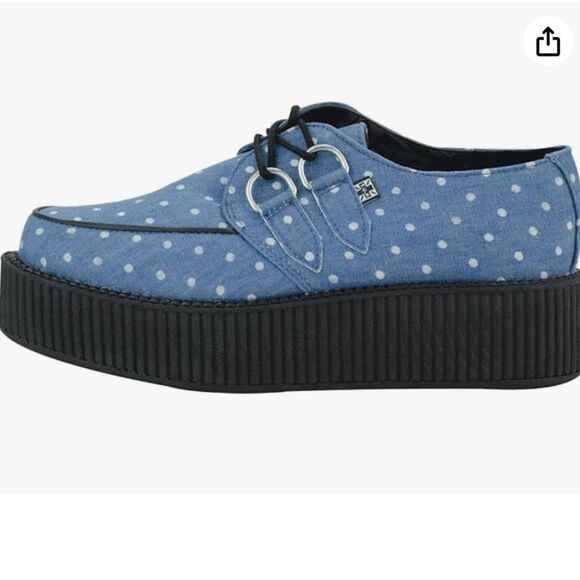 T.U.K Unisex Blue and White Denim Polka Dot Viva Mondo Creeper Platforms - Picture 3 of 9